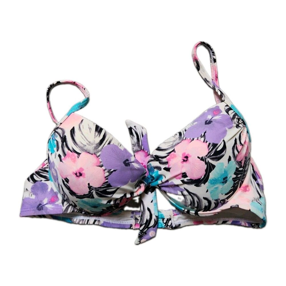 Tahiti Pushup Bikini Top Pink Purple Blue Black Tropical Bow Detail Sz M GUC